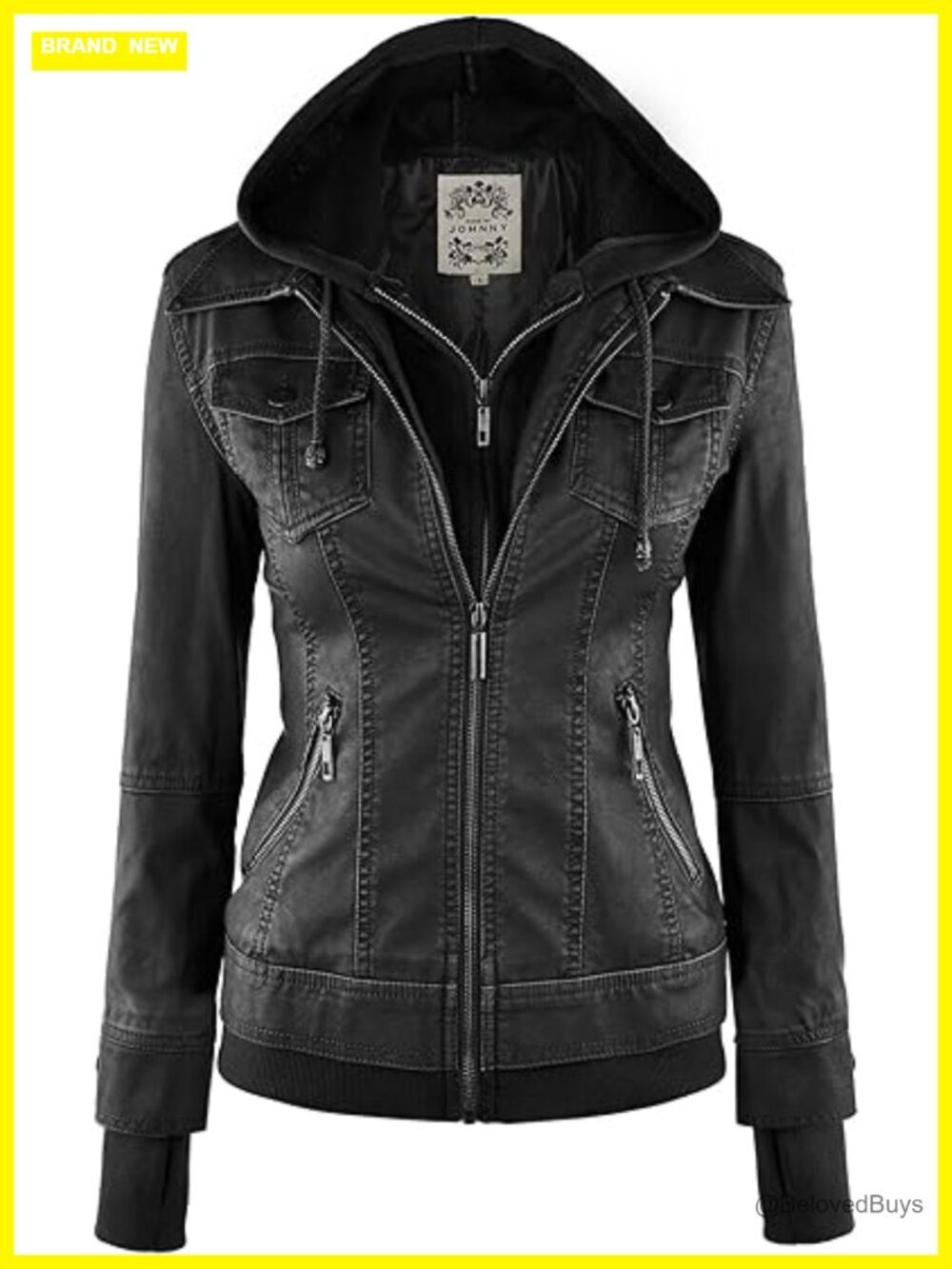Faux Leather Motorcycle Jacket with Removable Hood Womens Long Sleeve